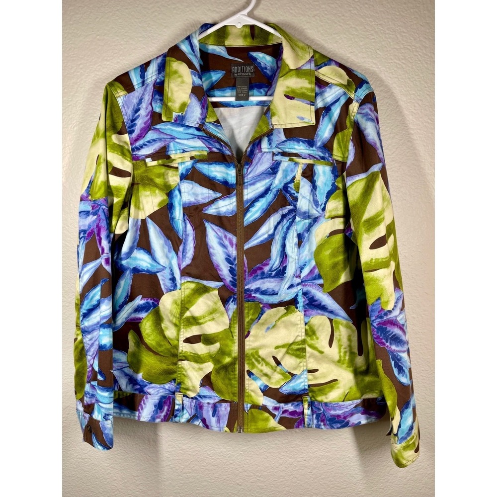Additions by Chicos Jacket Women Size 2 Tropical Leaf Print Zip Front vibrant